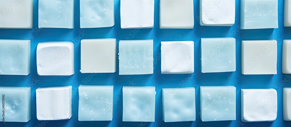 Aufkleber A top down view of soap bars arranged neatly on a blue background with plenty of copy space in the frame