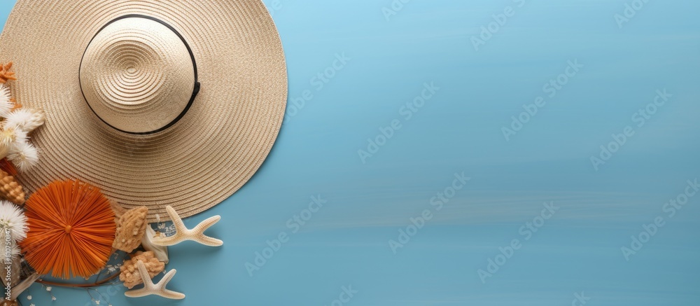 Aufkleber a top view of a color background with a gorgeous straw hat and seashells perfect for copy space imag