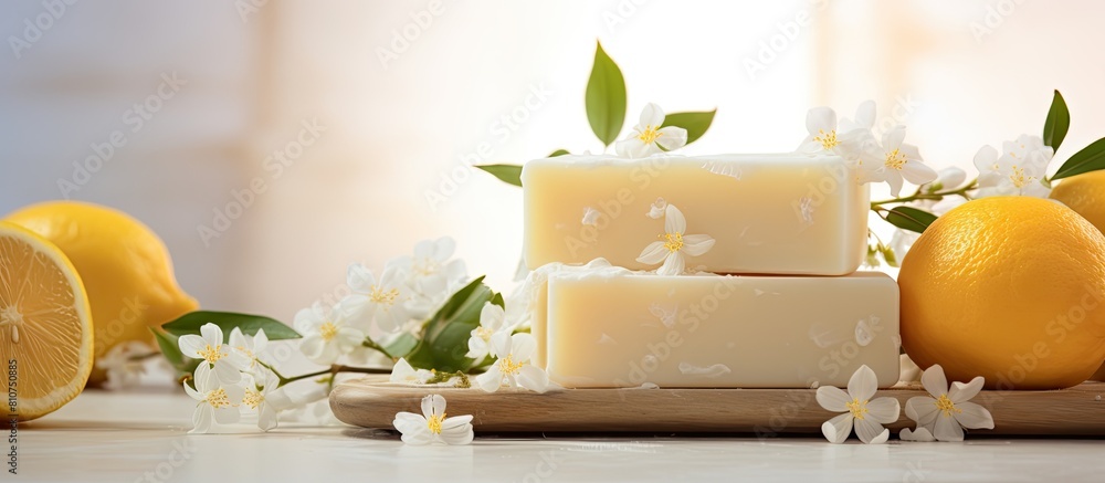 Poster copy space image of a light background showcasing a refreshing homemade soap infused with the deligh