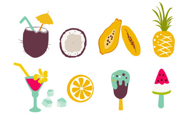 Summer set. Beach accessories. Tropical fruits, cocktails and ice cream. Vector flat illustration on a white background