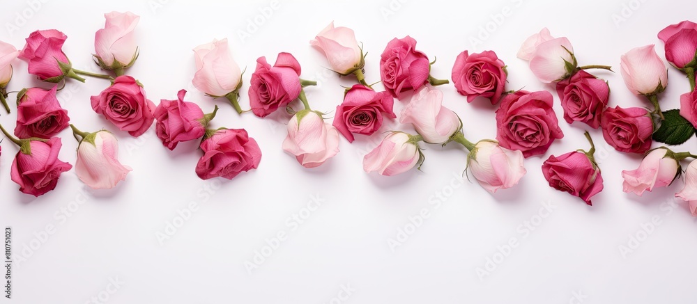 Fototapete A top view of a rose flower frame on a white background designed for flat lay with empty space for adding content. Creative banner. Copyspace image