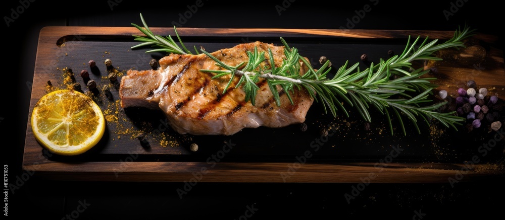 Aufkleber A pork steak is placed on a black background with rosemary and lemon creating an appetizing composition on a wooden board. Creative banner. Copyspace image