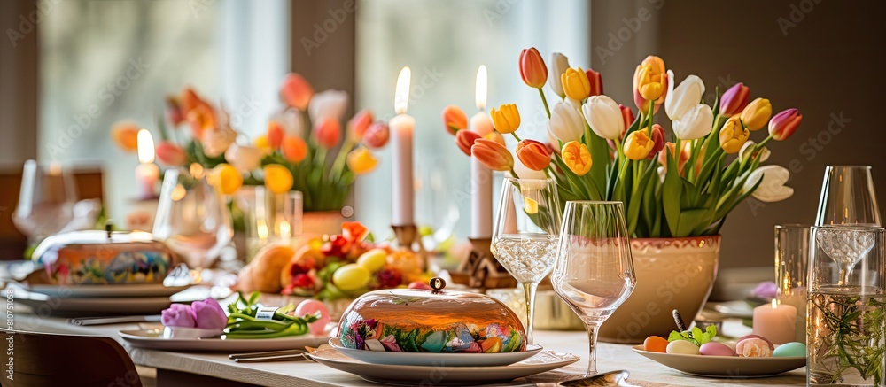Poster Festive Easter table setting at home featuring a traditional meal with ample space for adding text