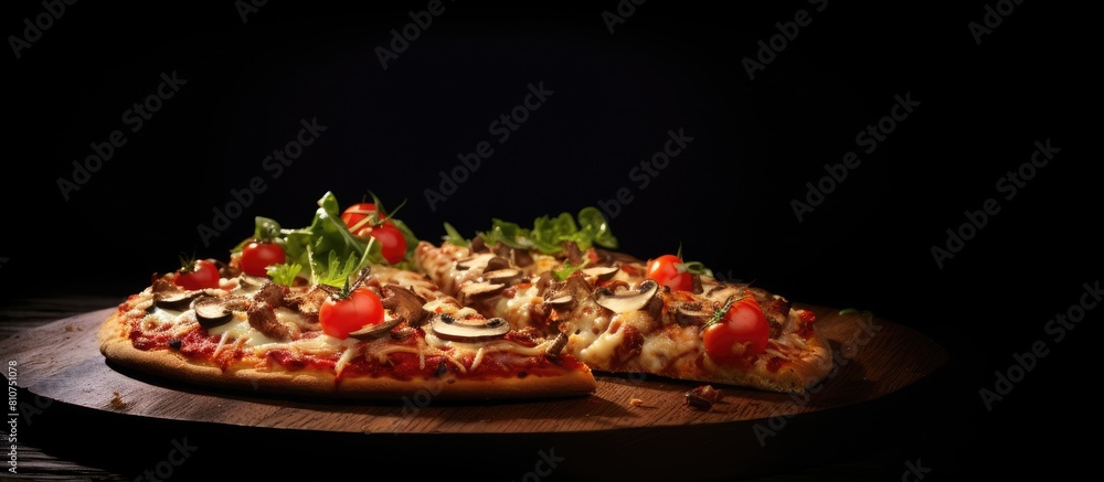 Poster the image features a vegetarian pizza on a dark background. creative banner. copyspace image