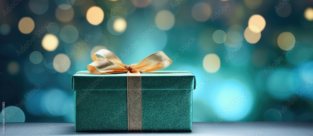 Poster a holiday greeting card with a christmas gift box placed against a vibrant turquoise bokeh backgroun