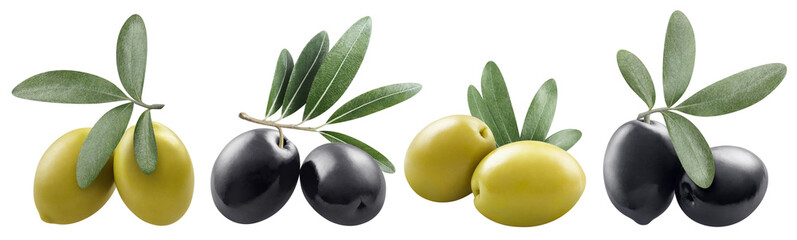 Set of delicious olives with leaves, cut out