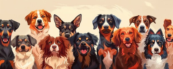 Group portrait of dogs of various shapes, sizes, and breeds. Stray pets with happy expression waiting for adoption