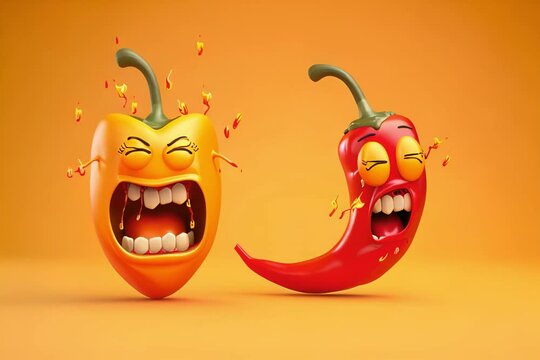 Very hot chili pepper causing pain and fear with smiley who eats it. Humoristic vector illustration. Smileys eating chili. Making funny faces. Shock because of the first bite
