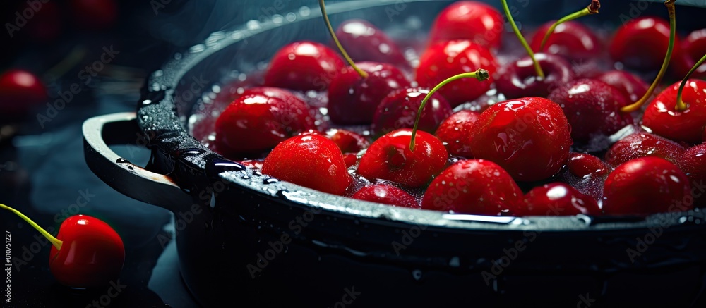 Poster An old pan with copy space showcases a closeup of a juicy red cherry creating a visually appealing horizontal image