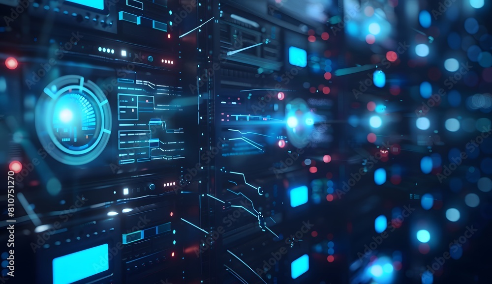 Poster digital technology background with blue and red lights, data center or computer server interface wit