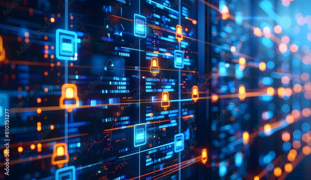 Poster digital technology background with blue and red lights, data center or computer server interface wit