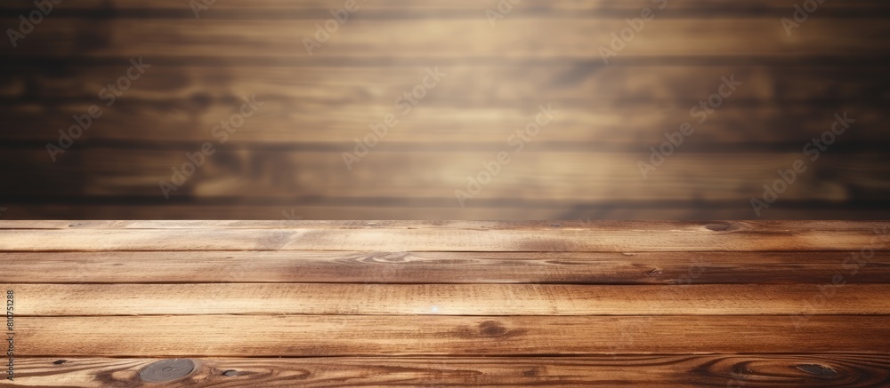 Poster A vintage style wooden table top is placed on a wooden plank background with empty space available for text or images. Creative banner. Copyspace image