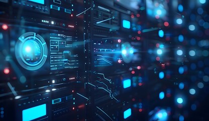 Obraz premium Digital technology background with blue and red lights, data center or computer server interface with holographic graphs and charts, hightech abstract digital space concept