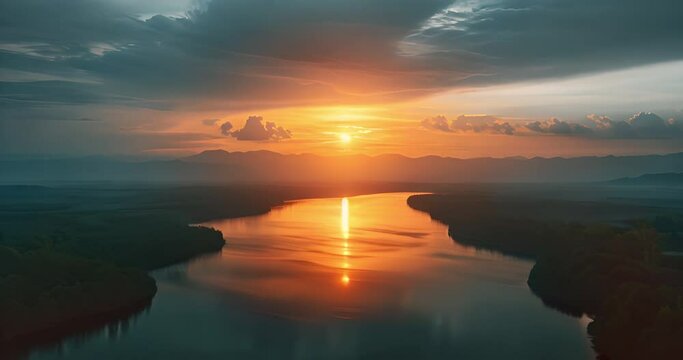 Drone, view and river in nature with sunset for tranquility or peaceful, relaxing and tropical rainforest for adventure. From above, amazon and lake with sunrise reflection in morning for new dawn.