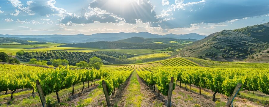 Landscape with vineyards in spring in the designation of origin area of Ribera del Duero wines in Spain