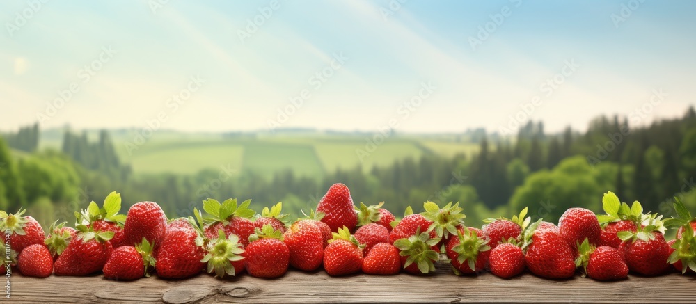 Poster a copy space image of a rustic outdoor scene with a mound of fresh strawberries on a wooden table