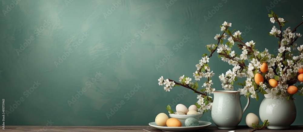 Aufkleber Easter themed table with a decorative background and empty space for your personal touch. Creative banner. Copyspace image