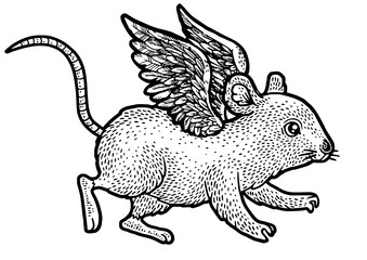 Mouse flying with wings sketch engraving PNG illustration. T-shirt apparel print design. Scratch board imitation. Black and white hand drawn image.