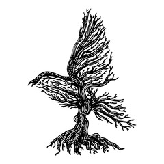tree in shape of bird without leaves sketch engraving PNG illustration. T-shirt apparel print design. Scratch board imitation. Black and white hand drawn image.