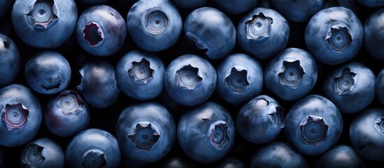 A vibrant background of fresh juicy blueberries arranged in a flat lay view with plenty of copy space This image showcases the healthy and organic nature of these antioxidant rich berries which are p
