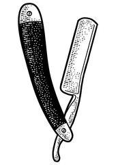 straight razor sketch engraving PNG illustration. T-shirt apparel print design. Scratch board imitation. Black and white hand drawn image.