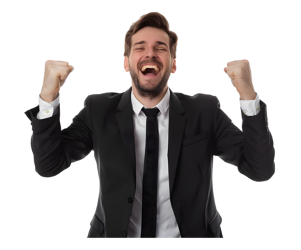 A businessman happy enjoy isolated on white transparent background, PNG File. Perfect for clipart