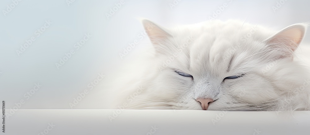 Poster A white cat with its eyes closed is featured in a copy space image surrounded by a soft white vignette