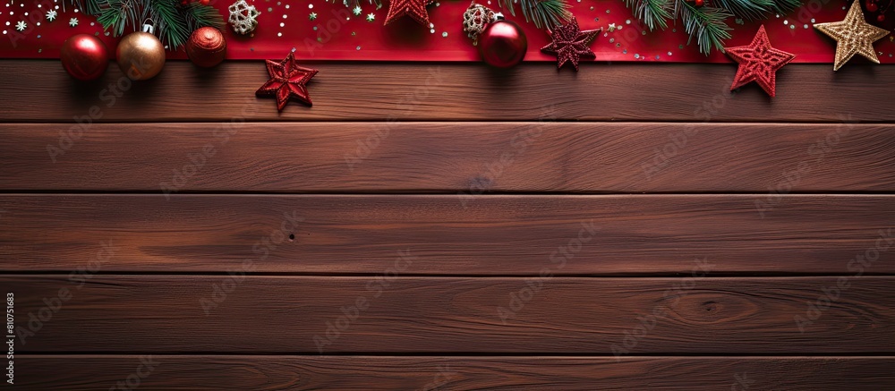 Poster top view of a christmas themed red wooden background adorned with festive decorations offers ample c