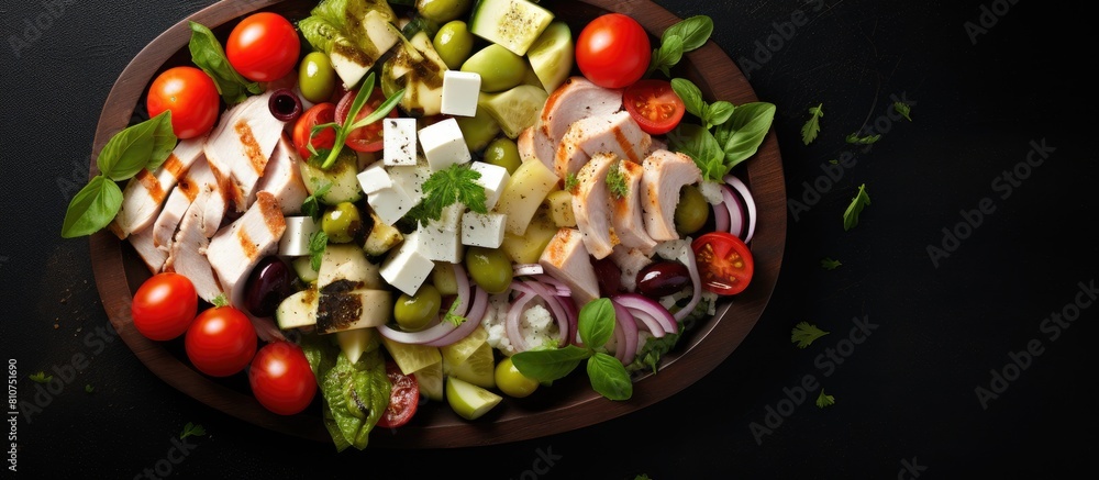Poster low carb dietary food of mozzarella cheese olives chicken cucumber and tomatoes in a vegetable and m