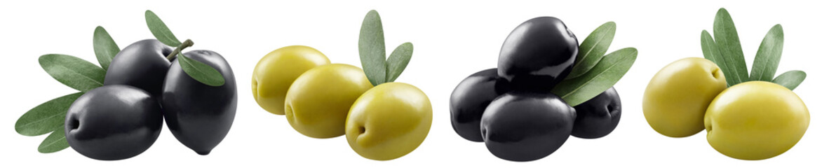 Set of delicious olives with leaves, cut out