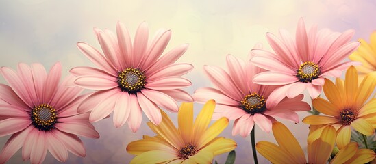 A colorful macro image of wide open yellow and pink African cape daisy marguerite blossoms captured in a vintage painting style with copy space