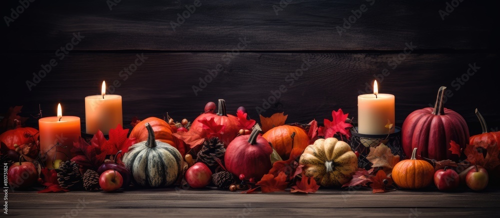 Poster a horizontal copy space image depicts a table decoration concept for autumn featuring a dark backgro