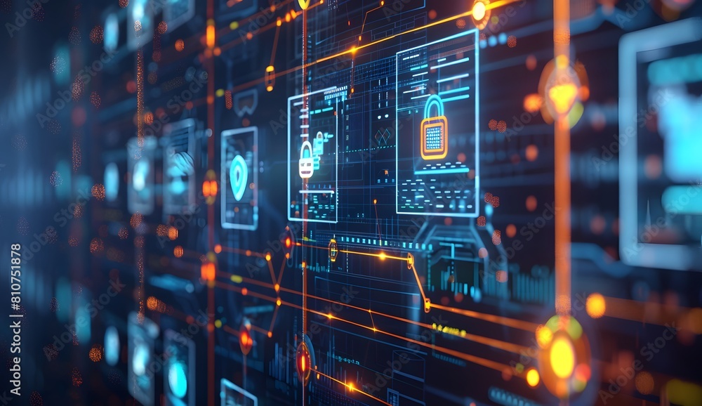 Poster digital technology background with blue and red lights, data center or computer server interface wit