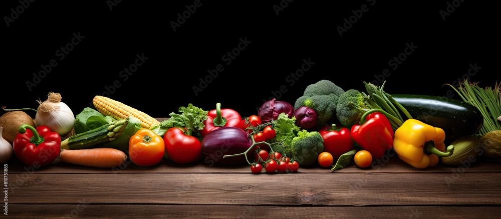 Poster a copy space image featuring organic summer vegetables displayed on a rustic brown wooden background