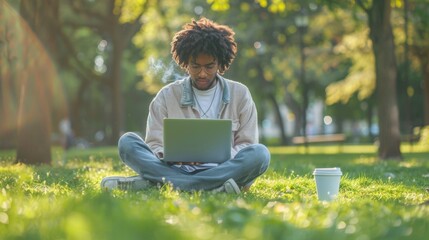 Man Working on Laptop Outdoors