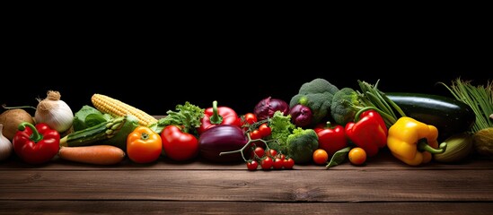 A copy space image featuring organic summer vegetables displayed on a rustic brown wooden background providing a perfect backdrop for your text