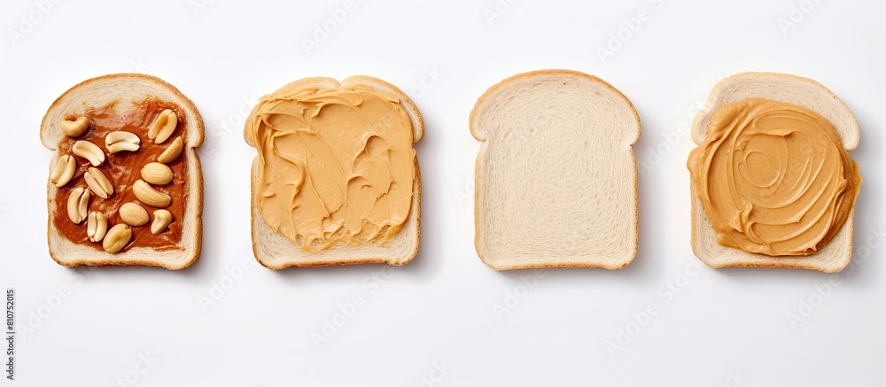 Poster copy space image of peanut butter sandwiches or toasts on a light table background representing a br