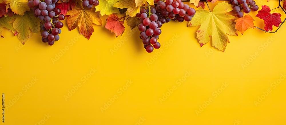 Aufkleber Top down view of an autumn composition showcasing a frame formed by vibrant red leaves of the girlish grape complemented by green berries all set against a bright yellow backdrop Ample copy space ima