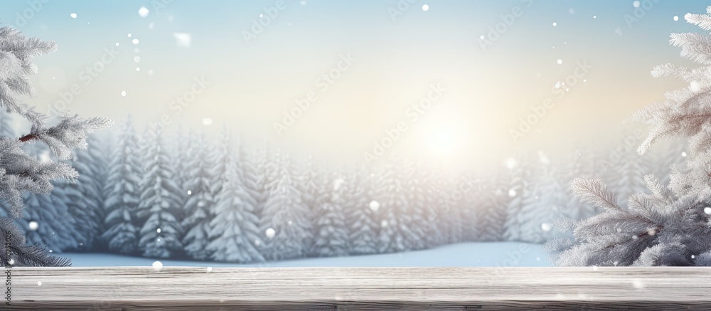 Leinwandbilder a wintry christmas background featuring a snowy landscape with fir branches the wooden table is plac