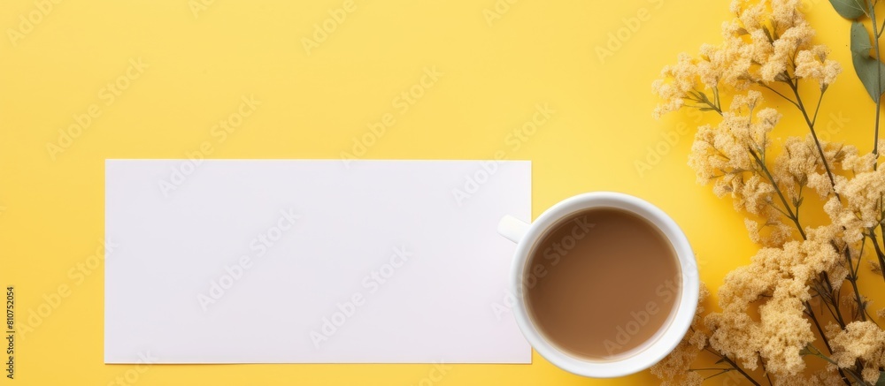 Poster Yellow background with a flat lay of a mockup paper blank accompanied by a coffee cup and a bouquet of herbs flowers Ample copy space is available