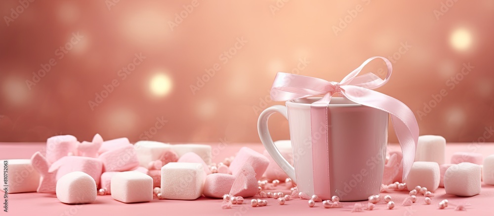 Poster a lovely holiday present accompanied by a steaming cup of marshmallows with a festive pink backgroun