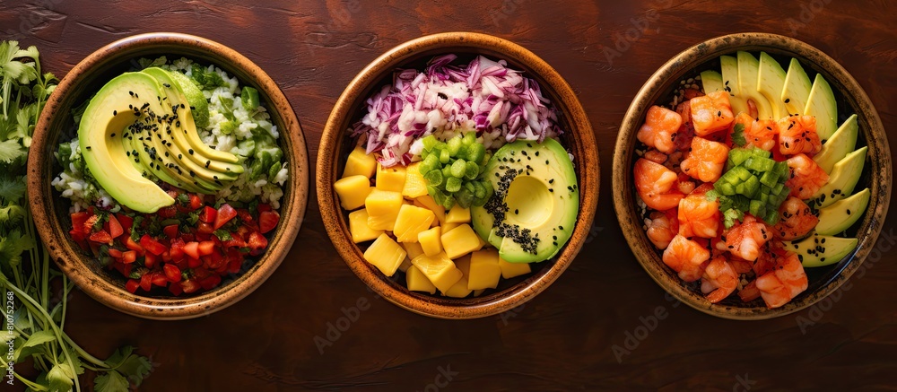 Poster top view copy space image of a traditional hawaiian meal consisting of poke bowls filled with shrimp