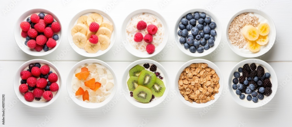 Poster overhead shot of a selection of cold cereals served in white bowls offering a convenient and quick b