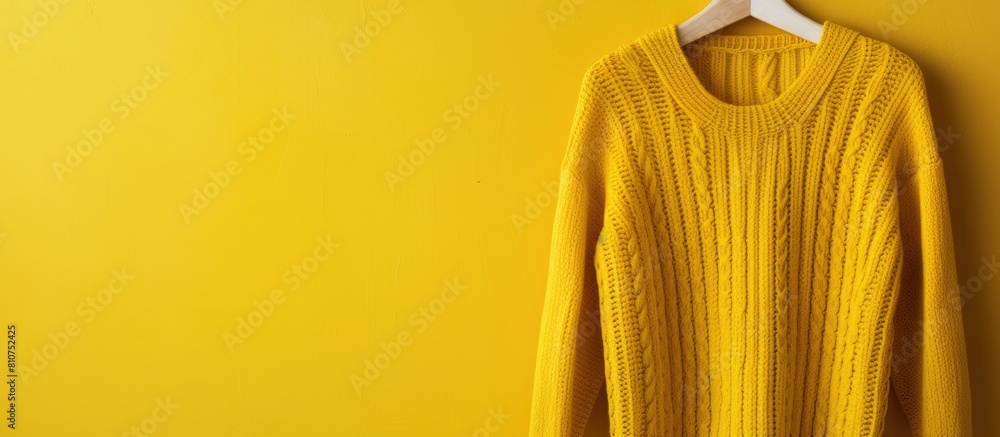 Poster a closeup of a yellow sweater hanging on a hanger with copy space image