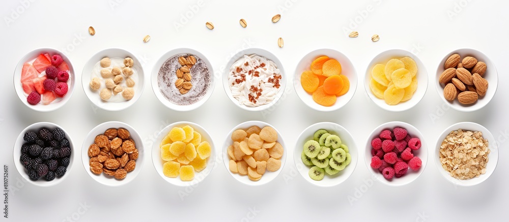 Aufkleber overhead shot of a selection of cold cereals served in white bowls offering a convenient and quick b