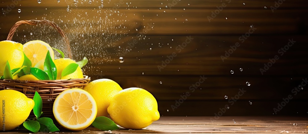 Poster a fresh lemon is being sprinkled from a basket over a wooden background in this copy space image