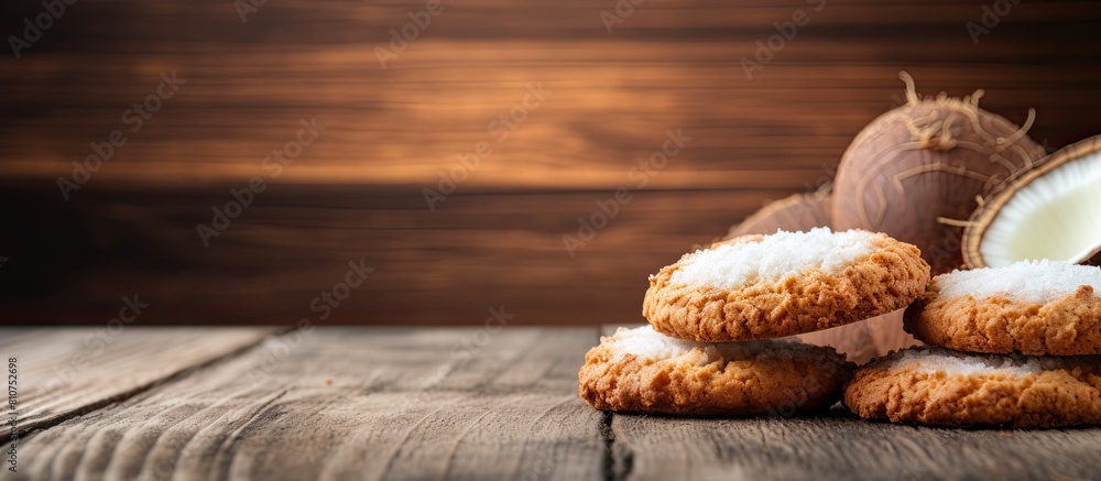 Poster A copy space image of coconut cookies displayed on a rustic wooden surface
