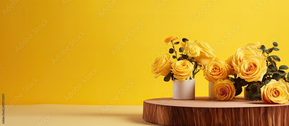 Poster A visually appealing product presentation with a copy space image A white table adorned with roses and a wooden stump stands out against a vibrant yellow backdrop leaving room for text