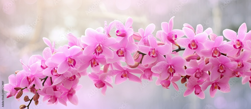 Aufkleber A stunning pink Rhynchostylis gigantea orchid with a backdrop of a tree creating an image with copy space