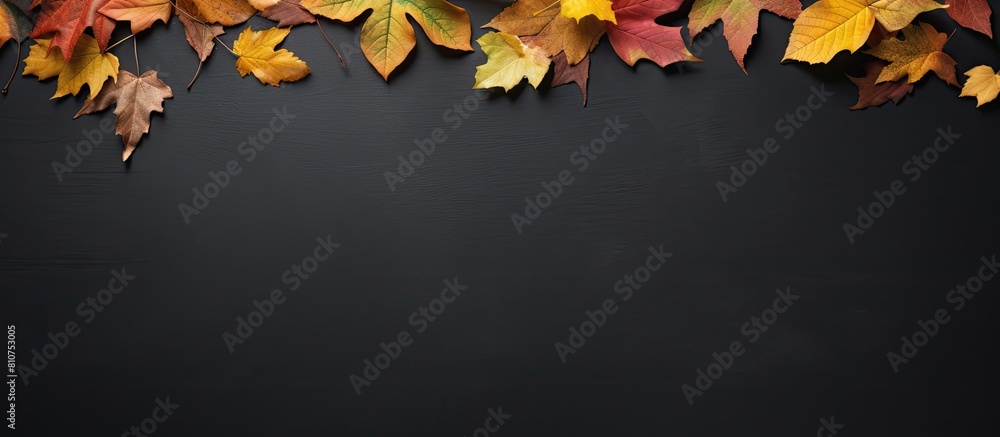 Leinwandbilder autumn colored leaves scattered on a black chalkboard with ample space for adding text or graphics i